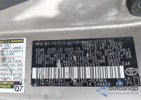 2005 Toyota Corolla Le z USA, uszkodzony, nr VIN 2T1BR30E75C456912